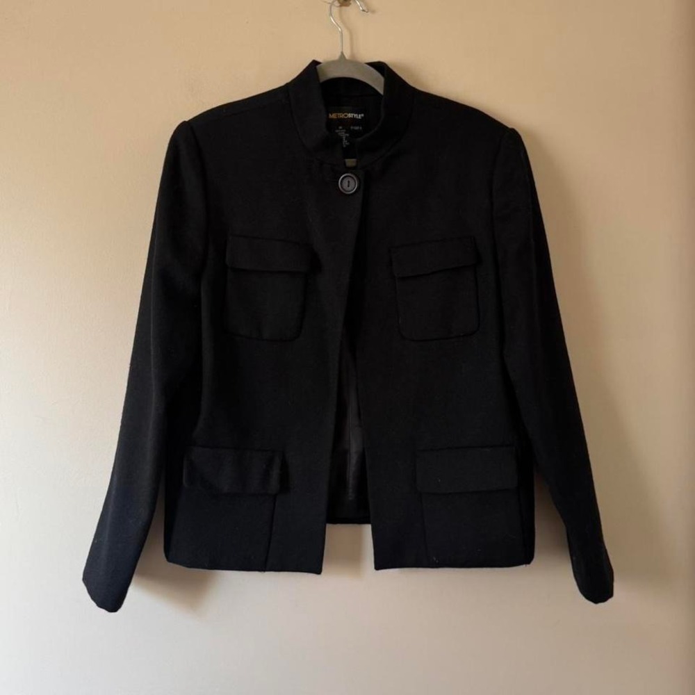 Black 100% Wool Jacket Button Chore Coat Blazer - Picture 4 of 7